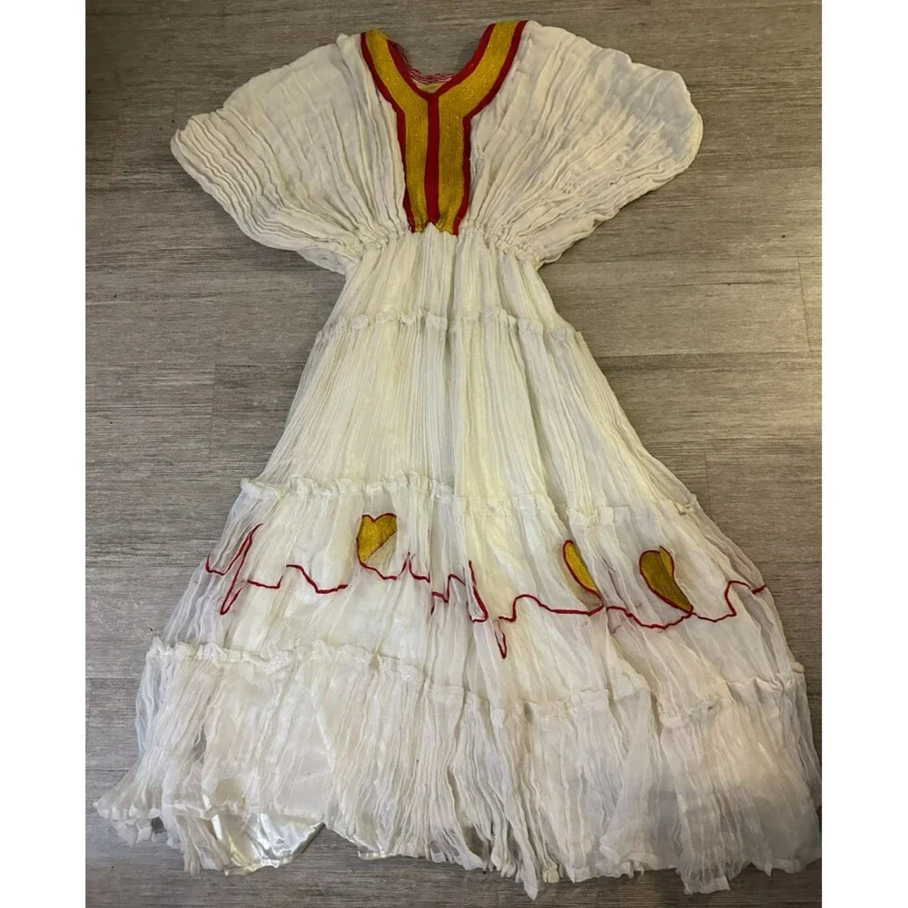 Ethiopian Traditional Dress Handmade Habesha Kemis Embroidered Red Gold Dress